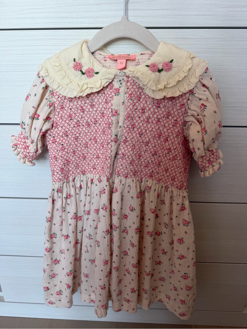Girl's Cream and Pink Floral Smocked Dress